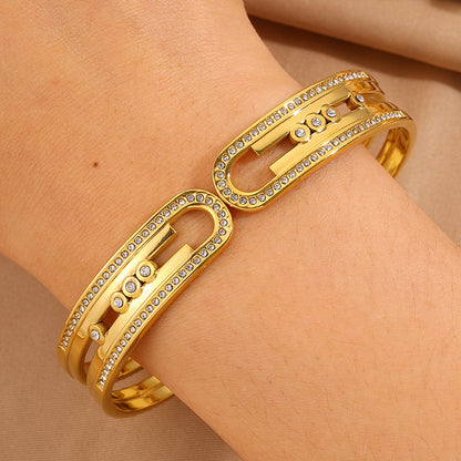 Bohemian Solid Color Bangle For Super Bowl Featuring 304 Stainless Steel With 18K Real Gold Plated And Rhinestones