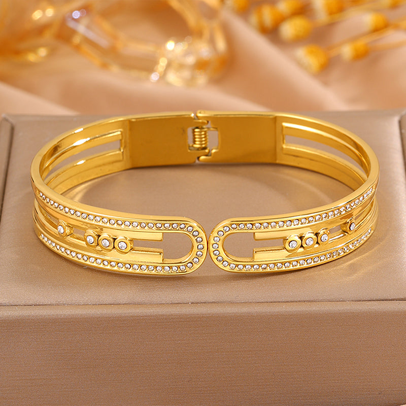 Bohemian Solid Color Bangle For Super Bowl Featuring 304 Stainless Steel With 18K Real Gold Plated And Rhinestones