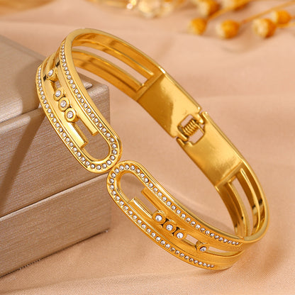 Bohemian Solid Color Bangle For Super Bowl Featuring 304 Stainless Steel With 18K Real Gold Plated And Rhinestones