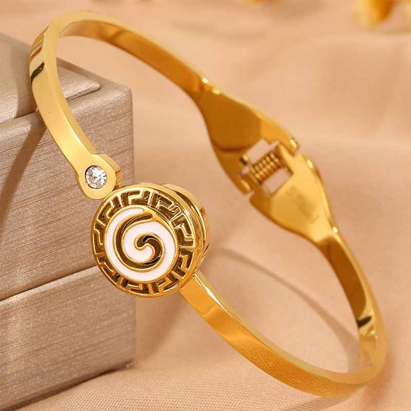 Roman Style Circle Bangle For Wedding Season, 304 Stainless Steel With 18K Real Gold Plated And Rhinestones Inlay