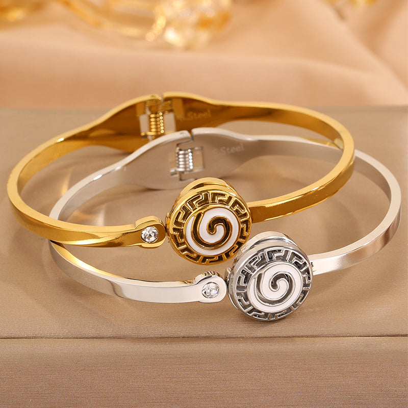 Roman Style Circle Bangle For Wedding Season, 304 Stainless Steel With 18K Real Gold Plated And Rhinestones Inlay