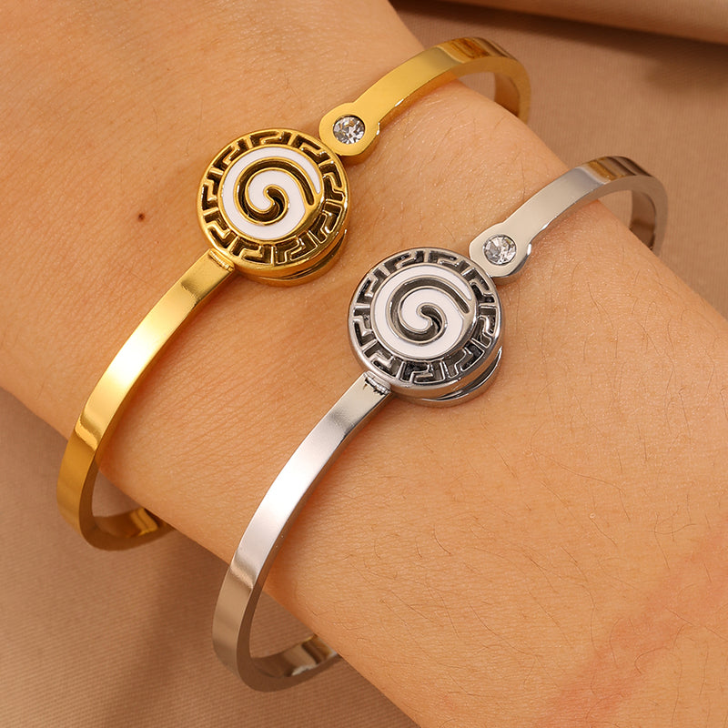 Roman Style Circle Bangle For Wedding Season, 304 Stainless Steel With 18K Real Gold Plated And Rhinestones Inlay