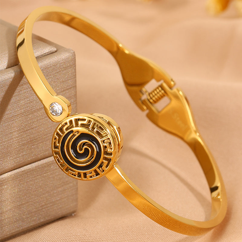 Roman Style Circle Bangle For Wedding Season, 304 Stainless Steel With 18K Real Gold Plated And Rhinestones Inlay