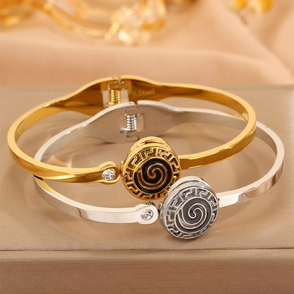 Roman Style Circle Bangle For Wedding Season, 304 Stainless Steel With 18K Real Gold Plated And Rhinestones Inlay