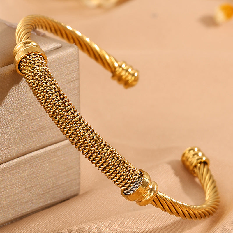 Solid Color Rock Style Bangle For Super Bowl Featuring 304 Stainless Steel With 18K Real Gold Plated Finish And Stone-Free Inlay