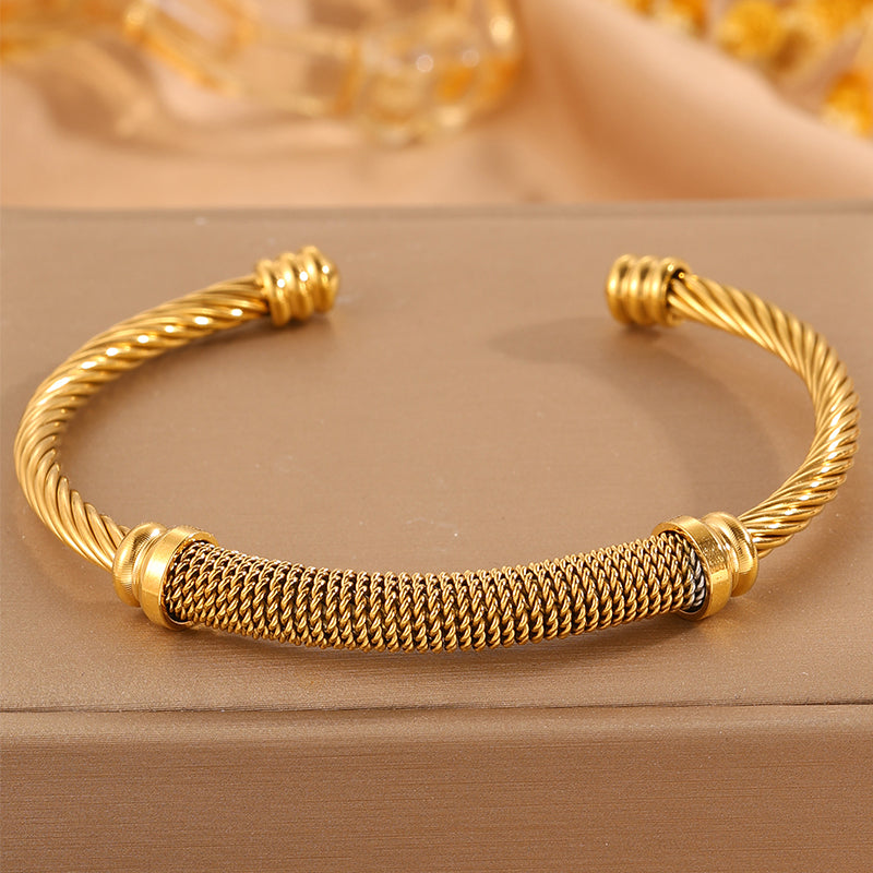 Solid Color Rock Style Bangle For Super Bowl Featuring 304 Stainless Steel With 18K Real Gold Plated Finish And Stone-Free Inlay