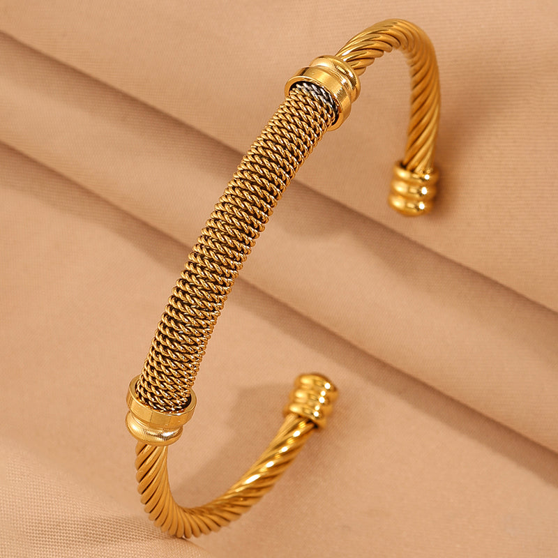 Solid Color Rock Style Bangle For Super Bowl Featuring 304 Stainless Steel With 18K Real Gold Plated Finish And Stone-Free Inlay