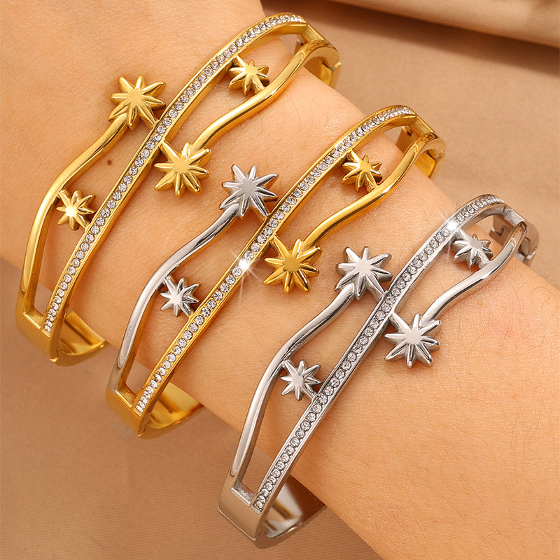 Starburst Bangle For Super Bowl In New Style, 304 Stainless Steel With 18K Real Gold Plated Finish And Stone-Free Inlay