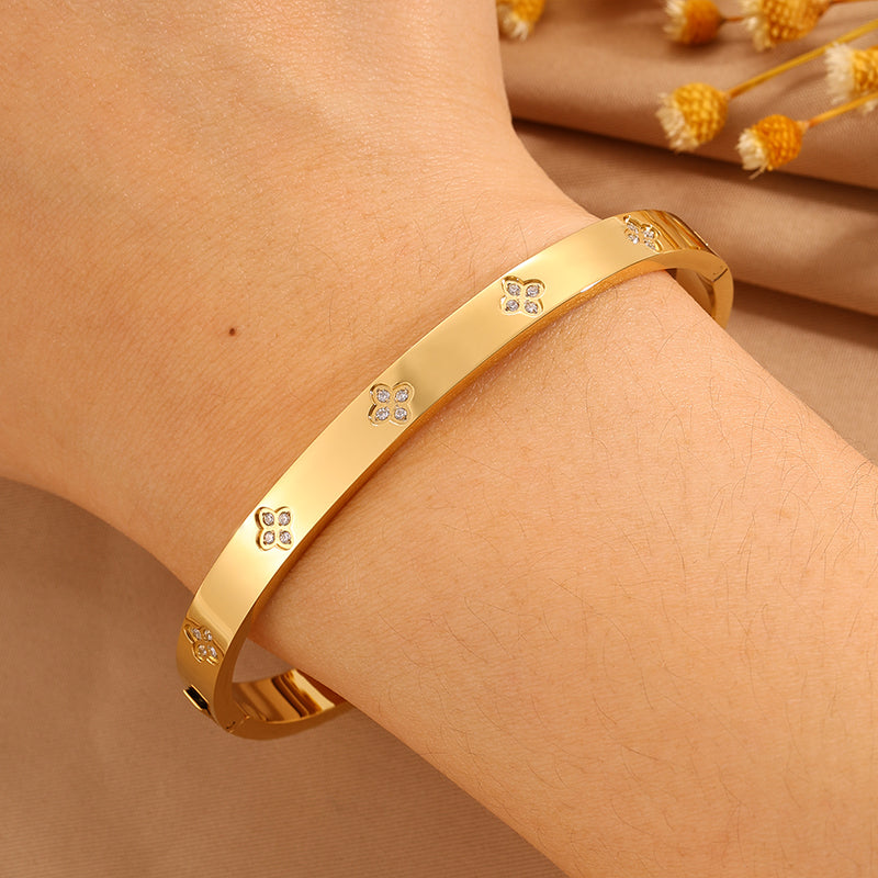 Bohemian Solid Color Bangle For Super Bowl Featuring 304 Stainless Steel With 18K Real Gold Plated And Rhinestones