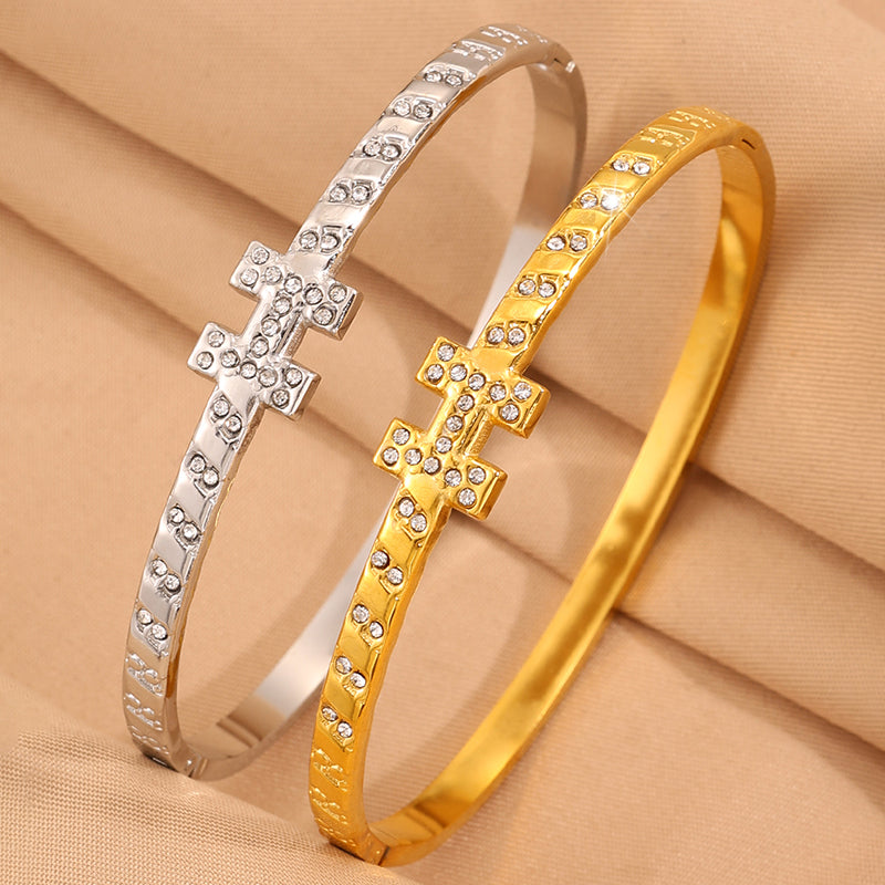 For Wedding Season Roman Style Bangle In 304 Stainless Steel With 18K Real Gold Plated And Rhinestones