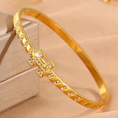For Wedding Season Roman Style Bangle In 304 Stainless Steel With 18K Real Gold Plated And Rhinestones