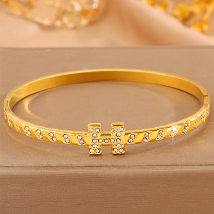 For Wedding Season Roman Style Bangle In 304 Stainless Steel With 18K Real Gold Plated And Rhinestones