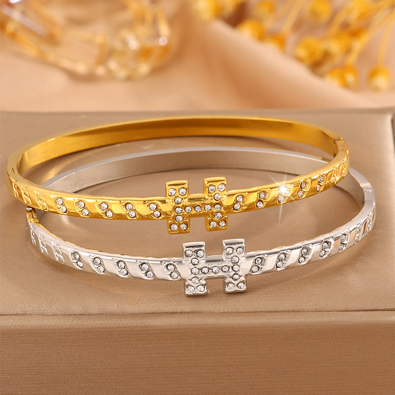 For Wedding Season Roman Style Bangle In 304 Stainless Steel With 18K Real Gold Plated And Rhinestones