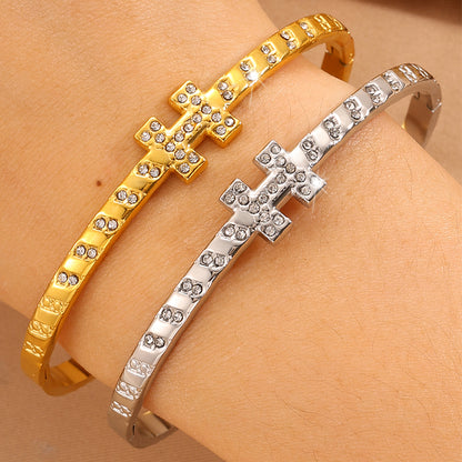 For Wedding Season Roman Style Bangle In 304 Stainless Steel With 18K Real Gold Plated And Rhinestones