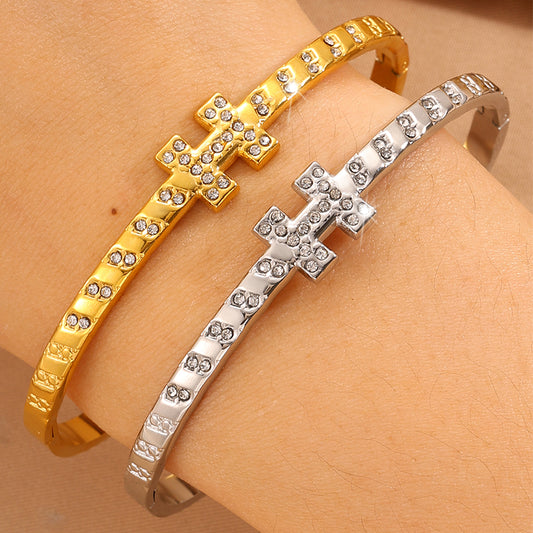For Wedding Season Roman Style Bangle In 304 Stainless Steel With 18K Real Gold Plated And Rhinestones