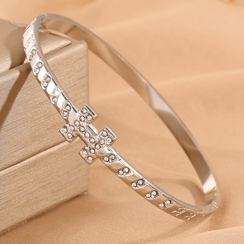 For Wedding Season Roman Style Bangle In 304 Stainless Steel With 18K Real Gold Plated And Rhinestones