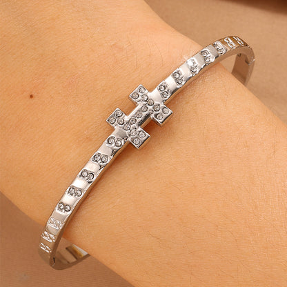 For Wedding Season Roman Style Bangle In 304 Stainless Steel With 18K Real Gold Plated And Rhinestones