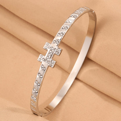 For Wedding Season Roman Style Bangle In 304 Stainless Steel With 18K Real Gold Plated And Rhinestones
