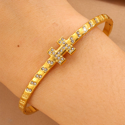 For Wedding Season Roman Style Bangle In 304 Stainless Steel With 18K Real Gold Plated And Rhinestones