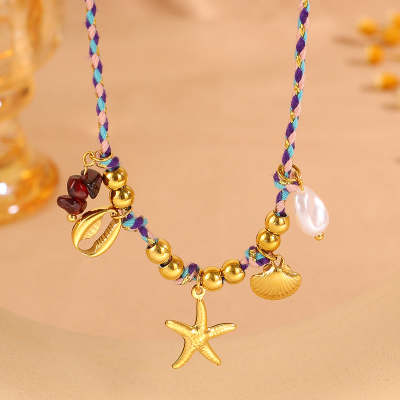 Starfish Necklace For Super Bowl, Marine Style, 304 Stainless Steel, 18K Gold Plated With Imitation Pearl