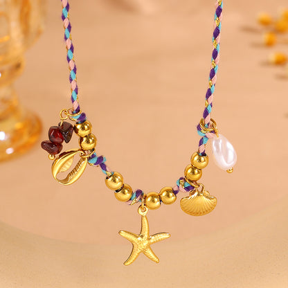 Starfish Necklace For Super Bowl, Marine Style, 304 Stainless Steel, 18K Gold Plated With Imitation Pearl