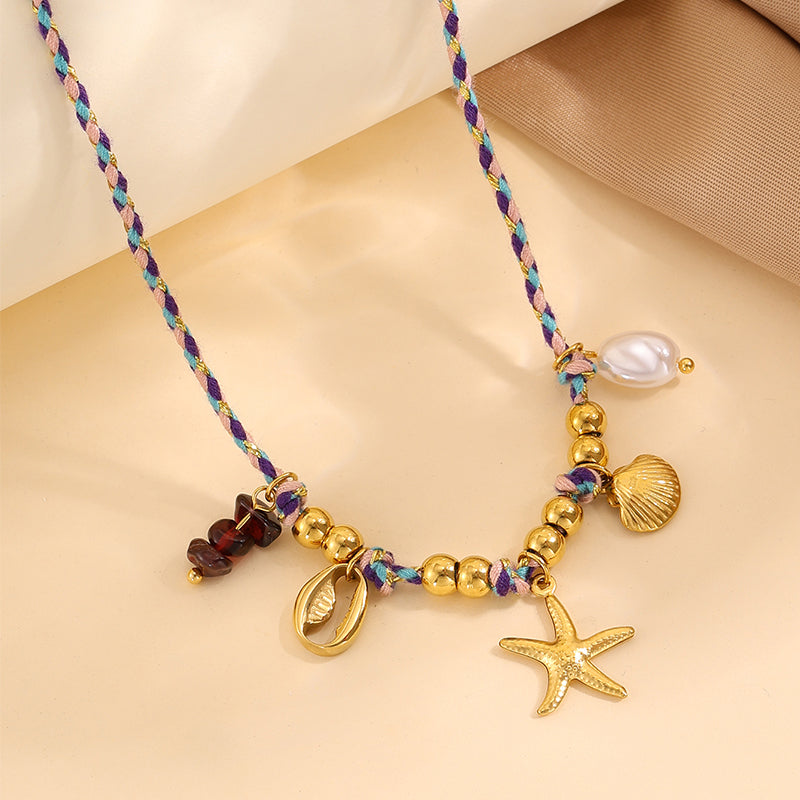Starfish Necklace For Super Bowl, Marine Style, 304 Stainless Steel, 18K Gold Plated With Imitation Pearl