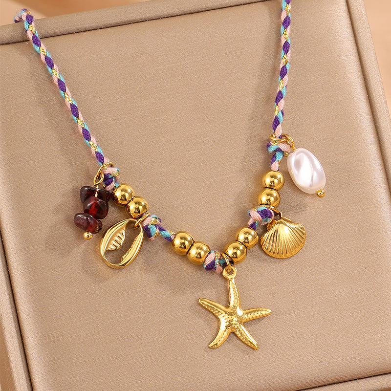 Starfish Necklace For Super Bowl, Marine Style, 304 Stainless Steel, 18K Gold Plated With Imitation Pearl