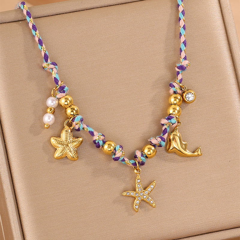 Starfish Necklace For Super Bowl Featuring Marine Style Design In 304 Stainless Steel With 18K Real Gold Plating And Stone-Free Inlay