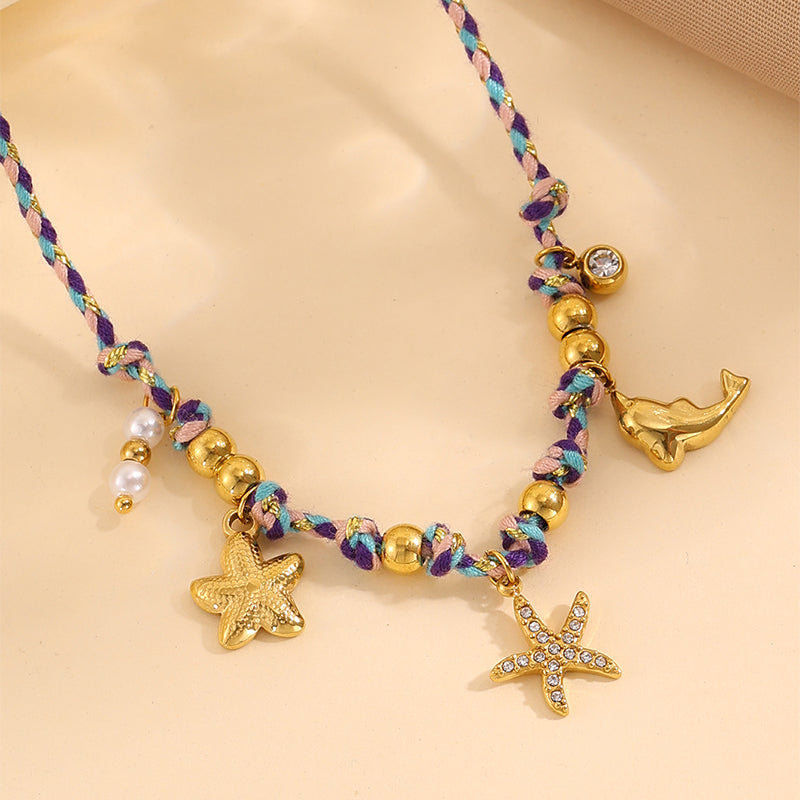 Starfish Necklace For Super Bowl Featuring Marine Style Design In 304 Stainless Steel With 18K Real Gold Plating And Stone-Free Inlay