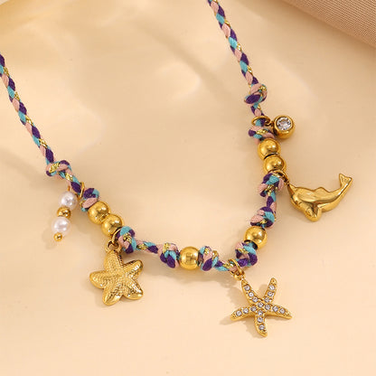 Starfish Necklace For Super Bowl Featuring Marine Style Design In 304 Stainless Steel With 18K Real Gold Plating And Stone-Free Inlay