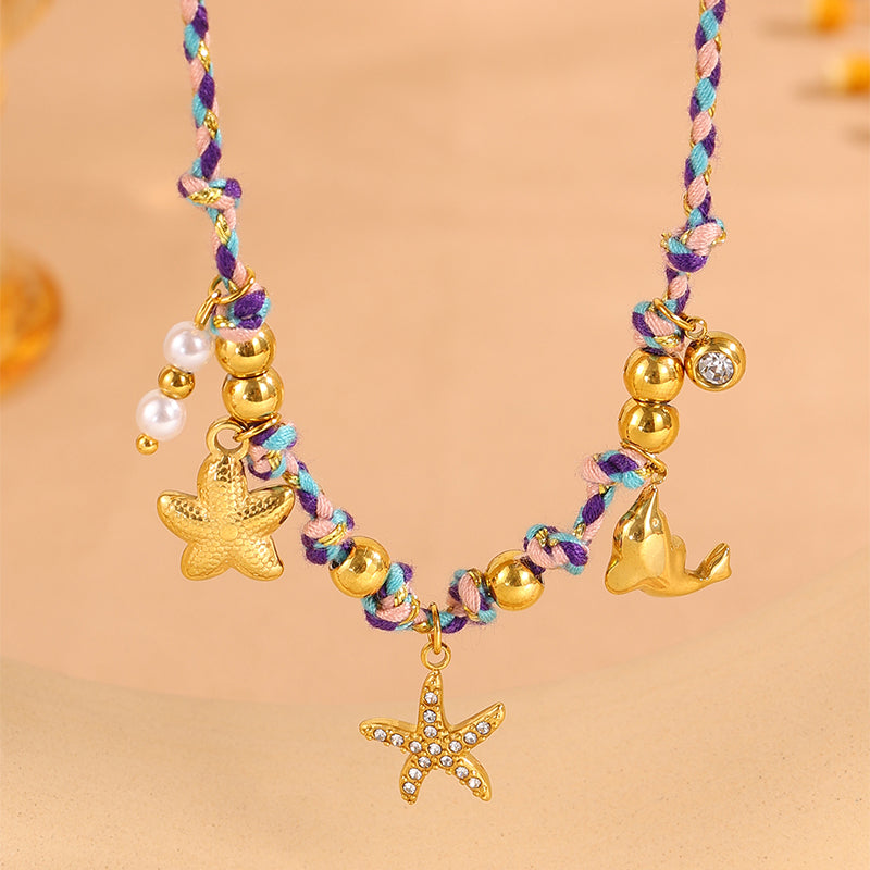 Starfish Necklace For Super Bowl Featuring Marine Style Design In 304 Stainless Steel With 18K Real Gold Plating And Stone-Free Inlay