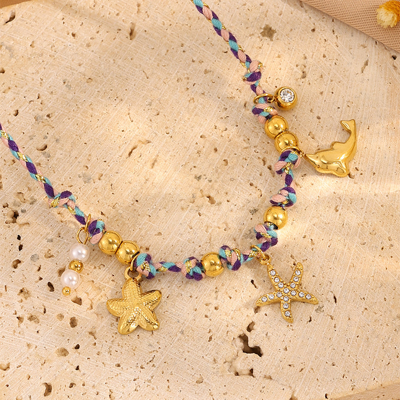 Starfish Necklace For Super Bowl Featuring Marine Style Design In 304 Stainless Steel With 18K Real Gold Plating And Stone-Free Inlay