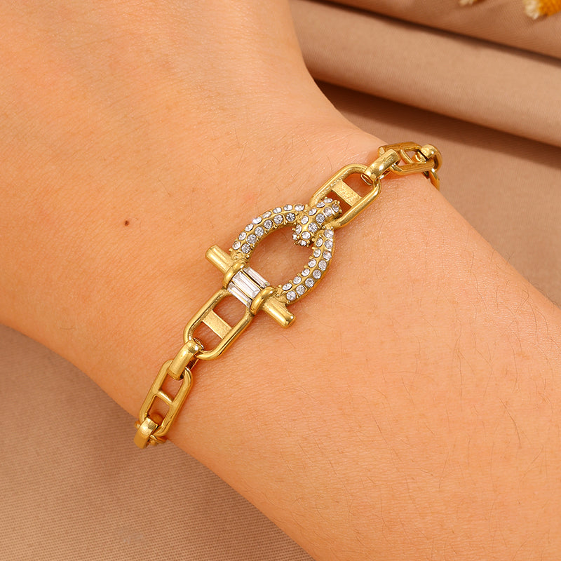 Solid Color Roman Style Bracelet For Super Bowl Featuring 304 Stainless Steel With 18K Real Gold Plated And Rhinestones