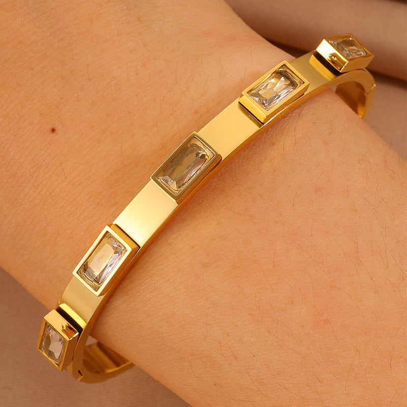 Solid Color Bangle For New Year Featuring 304 Stainless Steel With 18K Real Gold Plated And Rhinestones, Unisex Design