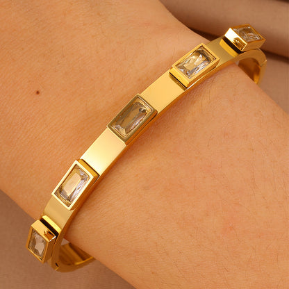 Solid Color Bangle For New Year Featuring 304 Stainless Steel With 18K Real Gold Plated And Rhinestones, Unisex Design