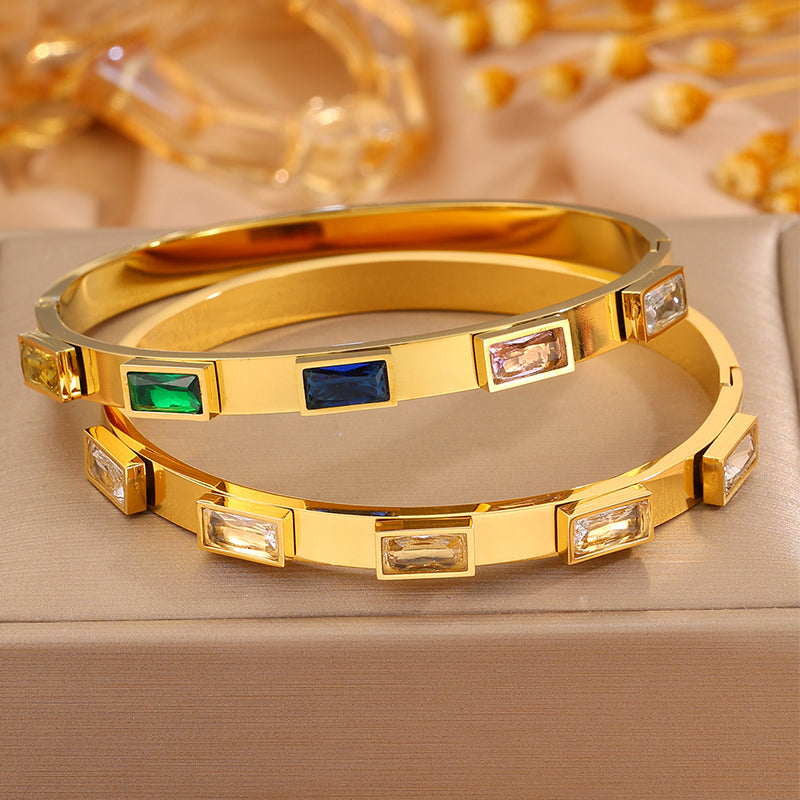 Solid Color Bangle For New Year Featuring 304 Stainless Steel With 18K Real Gold Plated And Rhinestones, Unisex Design