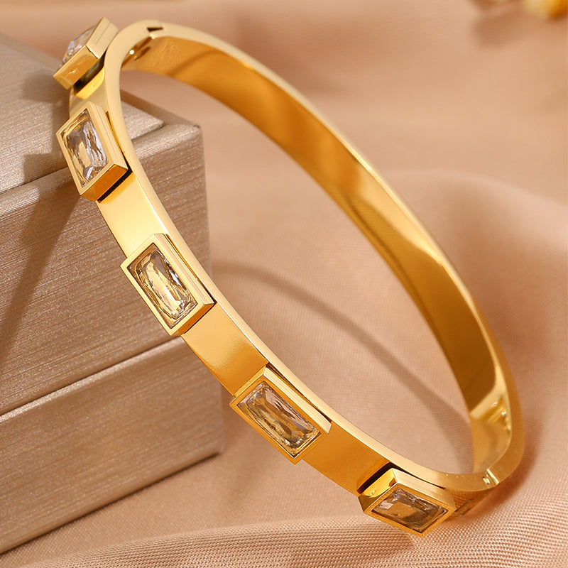 Solid Color Bangle For New Year Featuring 304 Stainless Steel With 18K Real Gold Plated And Rhinestones, Unisex Design