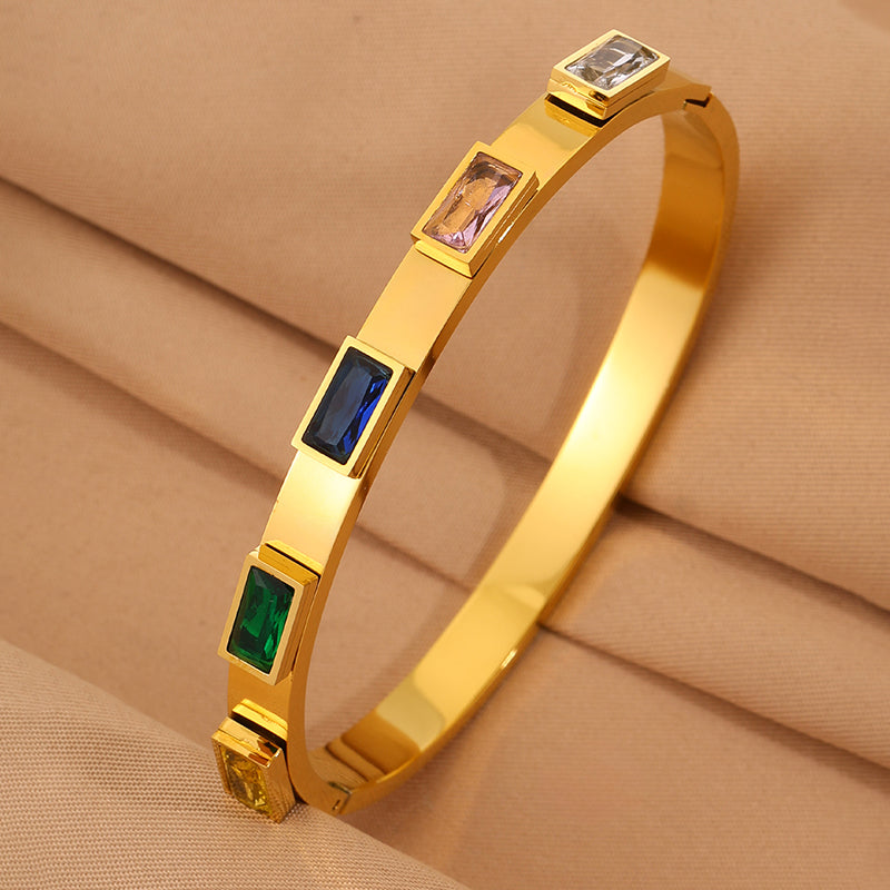Solid Color Bangle For New Year Featuring 304 Stainless Steel With 18K Real Gold Plated And Rhinestones, Unisex Design
