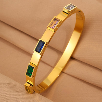 Solid Color Bangle For New Year Featuring 304 Stainless Steel With 18K Real Gold Plated And Rhinestones, Unisex Design
