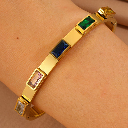 Solid Color Bangle For New Year Featuring 304 Stainless Steel With 18K Real Gold Plated And Rhinestones, Unisex Design