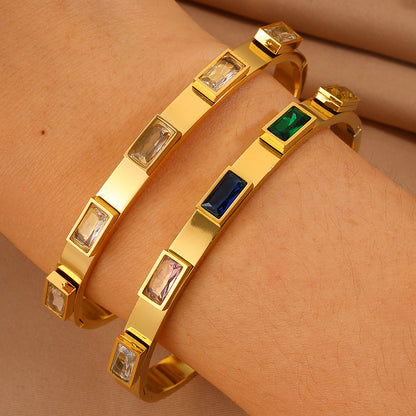 Solid Color Bangle For New Year Featuring 304 Stainless Steel With 18K Real Gold Plated And Rhinestones, Unisex Design