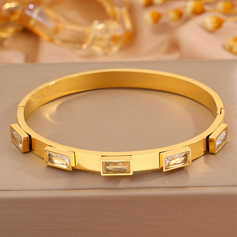 Solid Color Bangle For New Year Featuring 304 Stainless Steel With 18K Real Gold Plated And Rhinestones, Unisex Design