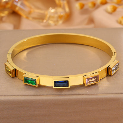 Solid Color Bangle For New Year Featuring 304 Stainless Steel With 18K Real Gold Plated And Rhinestones, Unisex Design