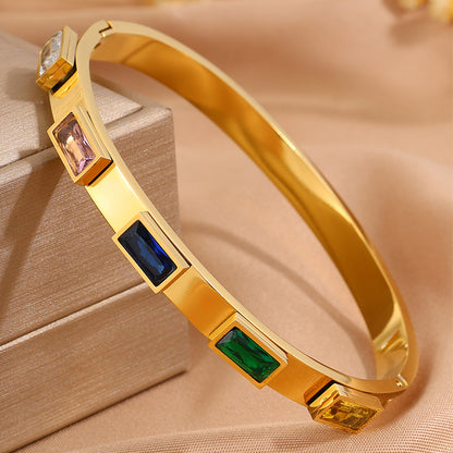 Solid Color Bangle For New Year Featuring 304 Stainless Steel With 18K Real Gold Plated And Rhinestones, Unisex Design