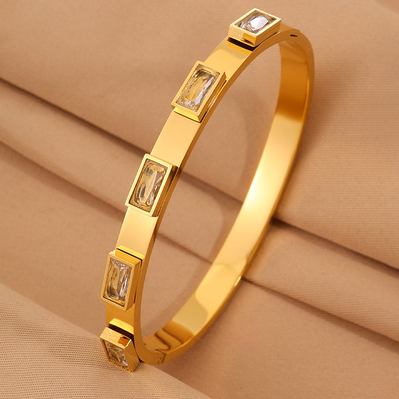 Solid Color Bangle For New Year Featuring 304 Stainless Steel With 18K Real Gold Plated And Rhinestones, Unisex Design