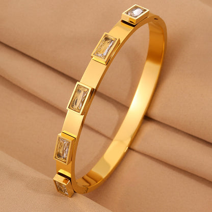 Solid Color Bangle For New Year Featuring 304 Stainless Steel With 18K Real Gold Plated And Rhinestones, Unisex Design