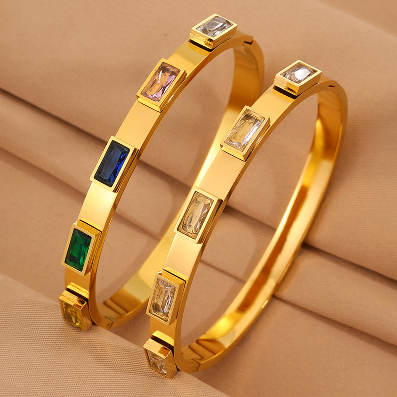 Solid Color Bangle For New Year Featuring 304 Stainless Steel With 18K Real Gold Plated And Rhinestones, Unisex Design