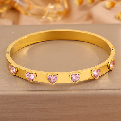 Heart Shape Bangle For Super Bowl Featuring 304 Stainless Steel And 18K Real Gold Plated With Rhinestones, Unisex