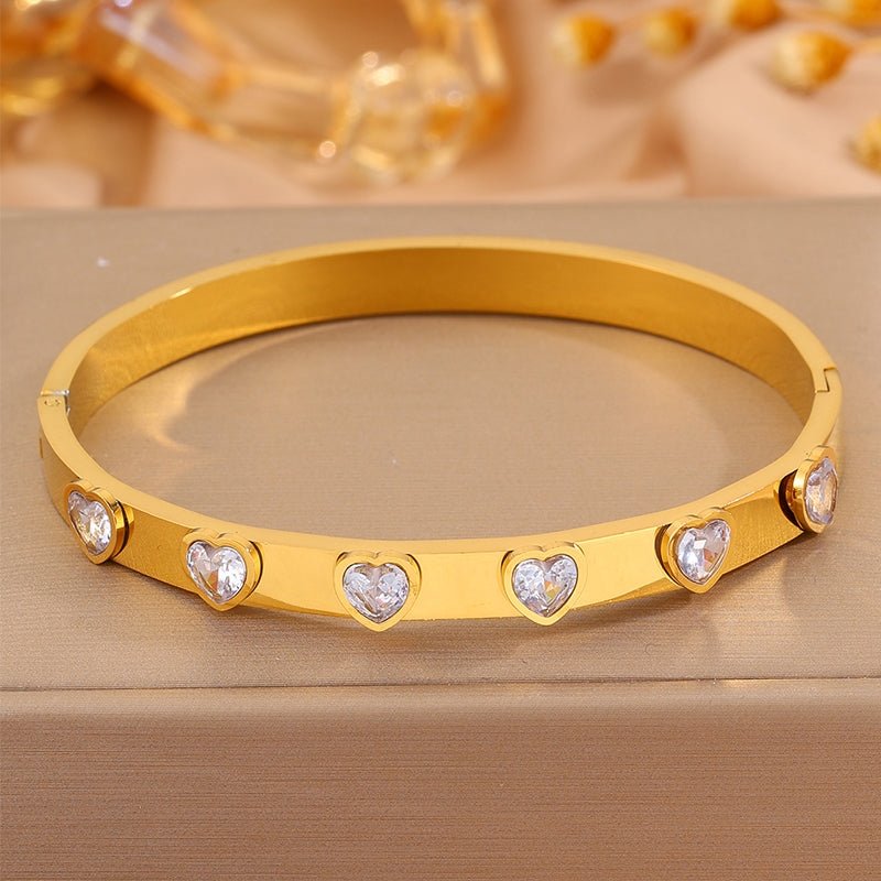Heart Shape Bangle For Super Bowl Featuring 304 Stainless Steel And 18K Real Gold Plated With Rhinestones, Unisex