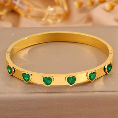 Heart Shape Bangle For Super Bowl Featuring 304 Stainless Steel And 18K Real Gold Plated With Rhinestones, Unisex